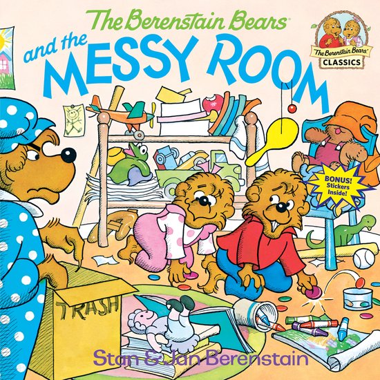 Boekcover van The Berenstain Bears and the Messy Room met de berenfamilie te midden van een rommelige kamer.