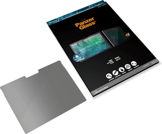 PanzerGlass Privacy screenprotector, verpakt, met losse screenprotector ernaast voor Microsoft Surface Book 13.5 inch.