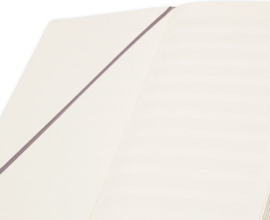 Gedetailleerde close-up van een open zwart Moleskine notitieboek met muzieklijnen.