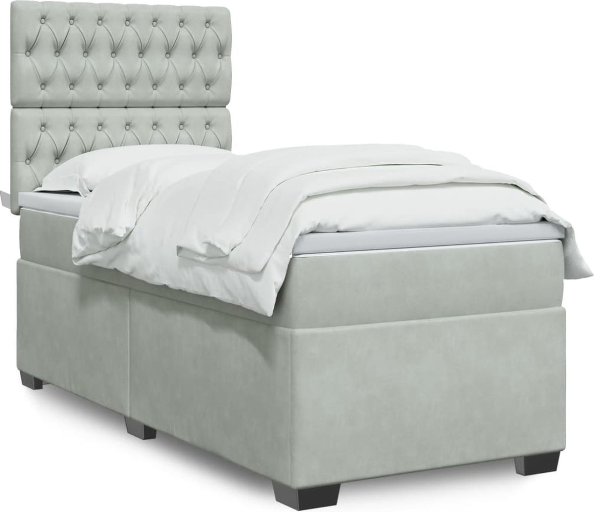 vidaXL - Boxspring - met - matras - fluweel - lichtgrijs - 90x190 - cm