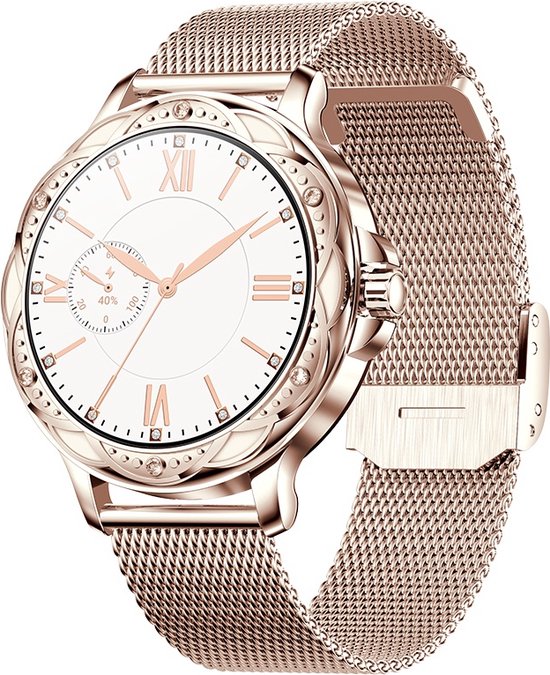 Belesy® Cheer - Smartwatch Dames – Stappenteller – Calorieën –Hartslag – Sporten –Je eigen foto als wijzerplaat - Full Touch – Goud - Milanees