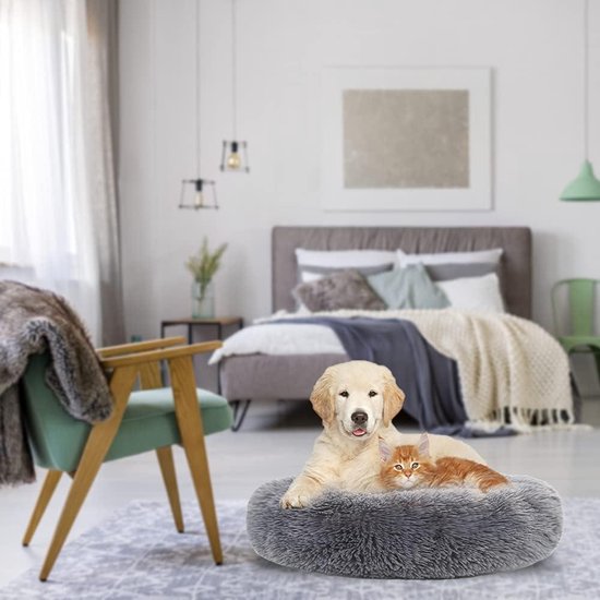 BVAGSS Hondenbed, kat, pluizig, rond, kattenbed, fluffy hondenbed, donut, anti-stress, pluche, comfortabel, wasbaar, voor honden, katten, klein, middelgroot, XH034 (diameter: 80 cm, cyaan