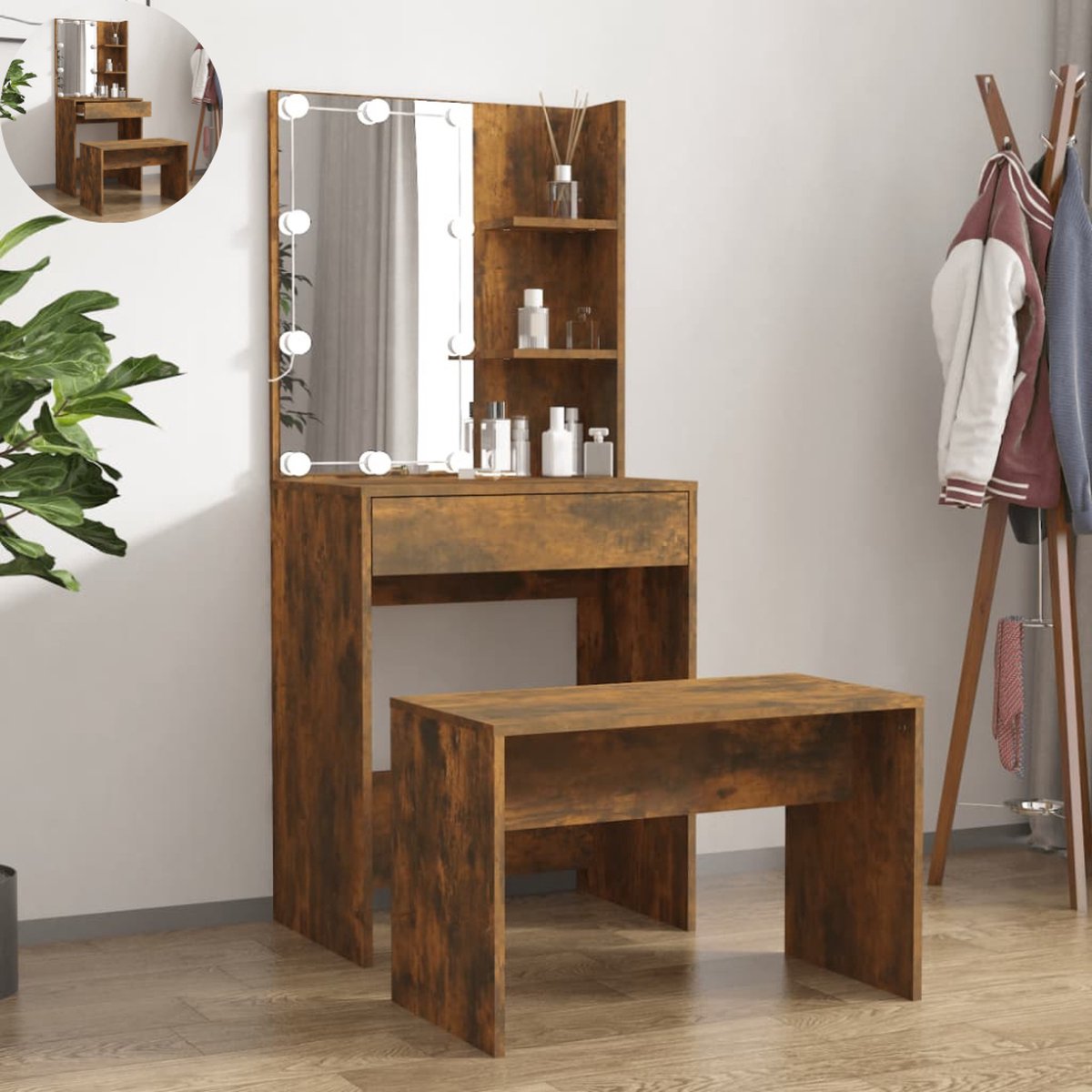 GranMaison Kaptafel met spiegel en verlichting - Make up tafel - Make up - Toilettafel -Met lades - Bankje - 60 x 40 x 140 cm - Gerookt eiken