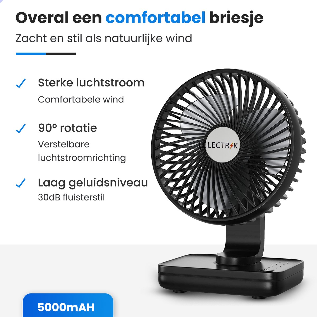 LECTRIK Draadloze Tafelventilator 5000mAh USB-C thumbnail 2