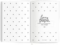 Open boek met stippenpatroon en tekst "Lieve papa, ik ben zo nieuwsgierig... naar vroeger"