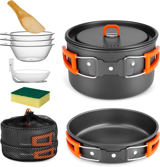 Kookgerei voor kamperen met anti-aanbaklaag - Lichtgewicht campingpotten en pannen set - Inclusief kommen, soeplepel - Voor backpacken, buiten koken en picknicken - Geschikt voor 2-3 personen camping pannenset