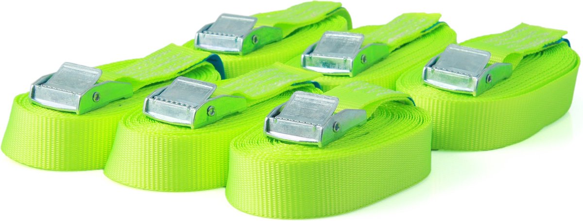 6 spanbanden, sjorbanden met klemsluiting, bevestigingsriem, belastbaar tot 250 kg, volgens DIN EN 12195-2, lengte 4 m breedte 25 mm, eendelig, neongeel