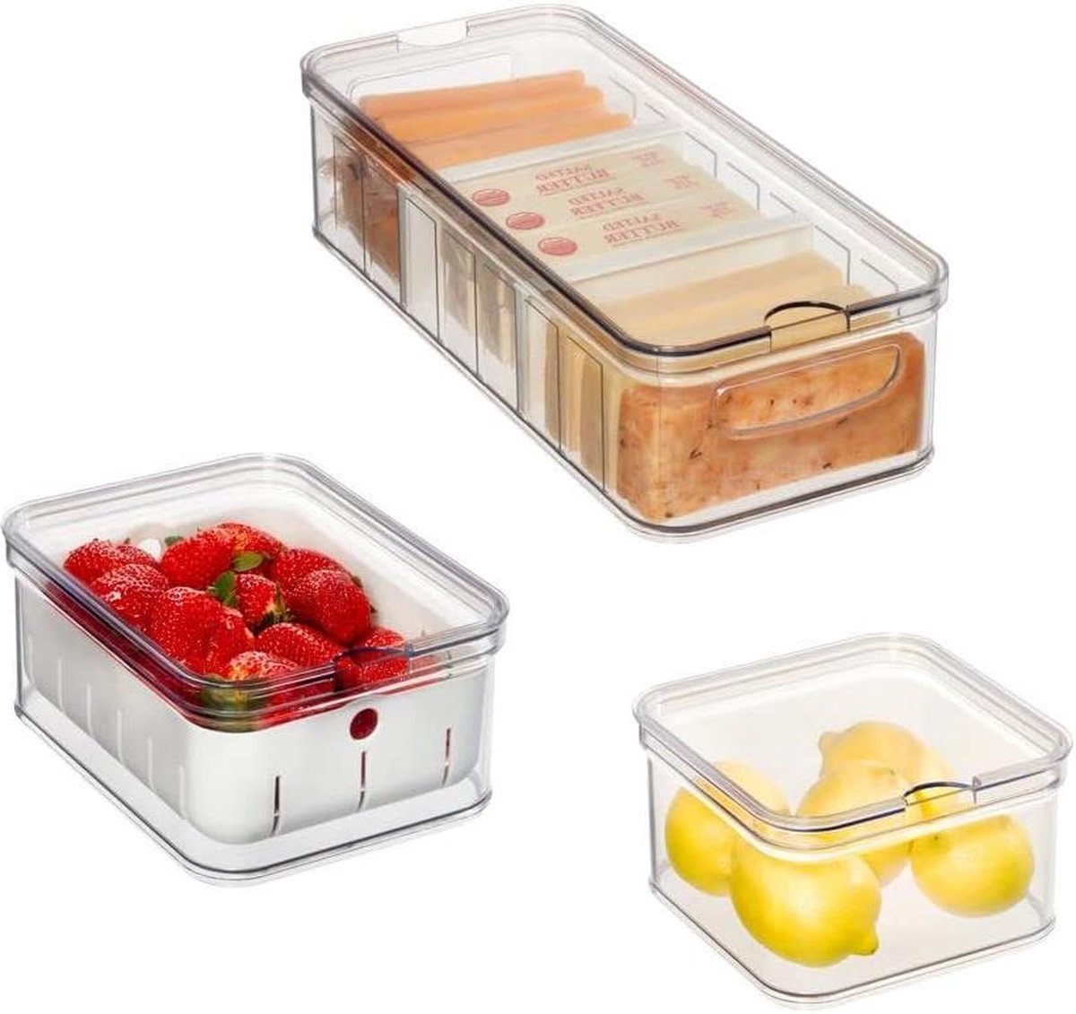 Storage Bins Fridge Organisers with Lids Set of 3 Recycled Plastic Keep Food Fresh Transparent Clear Matte White