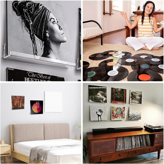 Vier acryl planken met diverse vinylhoezen, waaronder een portret, een zwart-wit foto, en albumhoezen.