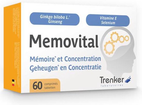 Verpakking Memovital voor geheugen en concentratie. Bevat 60 tabletten. Met afbeelding van hersenen en tandwielen.