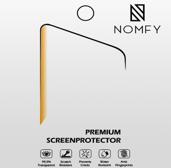 Nomfy premium screenprotector van gehard glas. 99,5% transparant, krasbestendig, voorkomt barsten, waterbestendig, anti-vingerafdruk.