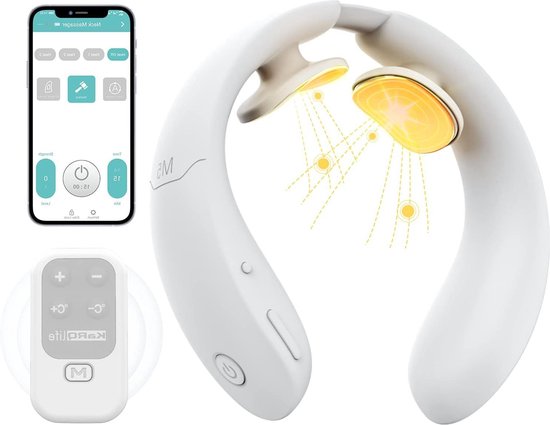 Wit nekmassageapparaat met afstandsbediening en smartphone-app, toont verwarmde massagekoppen.