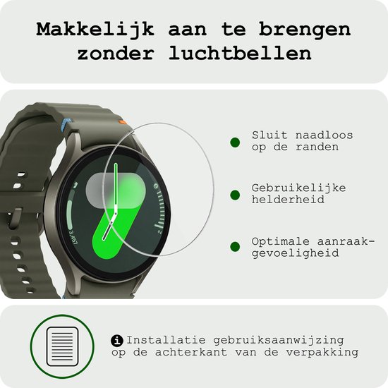 Screenprotector voor Samsung Watch 5 Pro: sluit naadloos aan, behoudt helderheid en aanraakgevoeligheid. Installatiehandleiding op de verpakking.