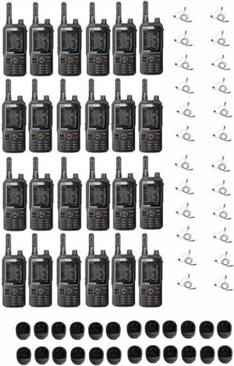 Set van 24 Inrico T320 V2 4G LTE Zello Portofoon, GPS, Wifi met tafellader en beveiliging oortje