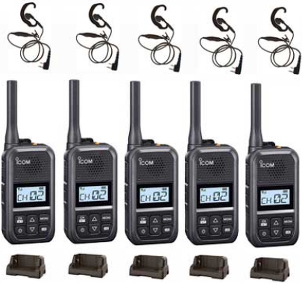 Set van 5 Icom IC-U20SR IP54 mini Portofoon met tafel lader en C-ring oortje