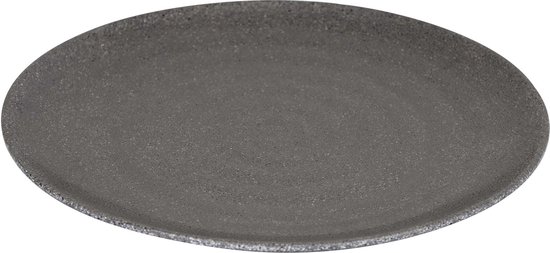 Een grijze, ronde bord met een gespikkeld, steenachtig uiterlijk.