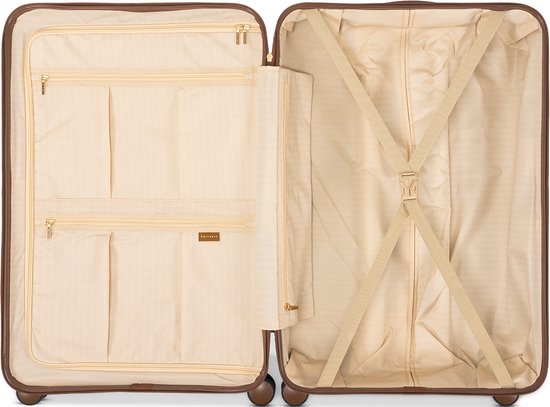 Open bruine koffer met beige voering, diverse vakken, ritsen en elastische banden.