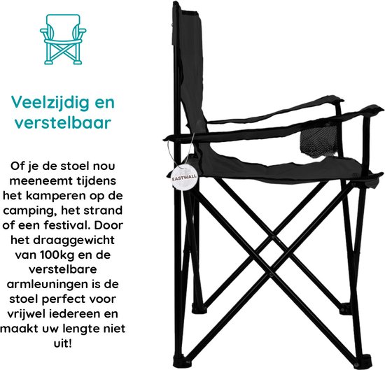 EASTWALL Opvouwbare Kampeerstoel - 2 Stuks - Visstoel - Multifunctionele vouwstoel - Campingstoel met bekerhouder - Tuinstoel - Klapstoel - Max 100 kg - Zwart van EASTWALL — afbeelding 4