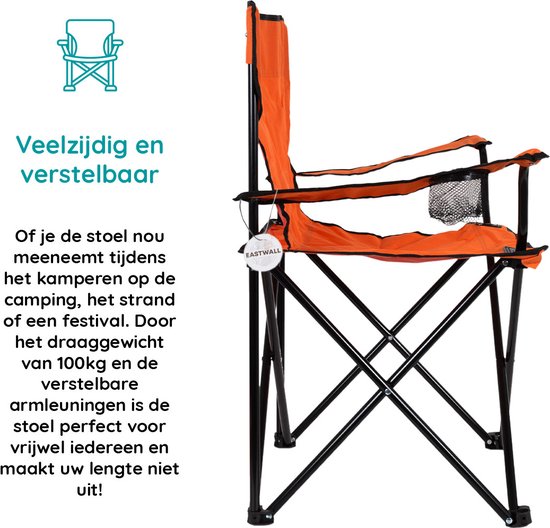 EASTWALL Opvouwbare Kampeerstoel Oranje - Visstoel - EK 2024 stoel - Campingstoel met bekerhouder - Tuinstoel - Oranje stoel - Max 100 kg van EASTWALL — afbeelding 4