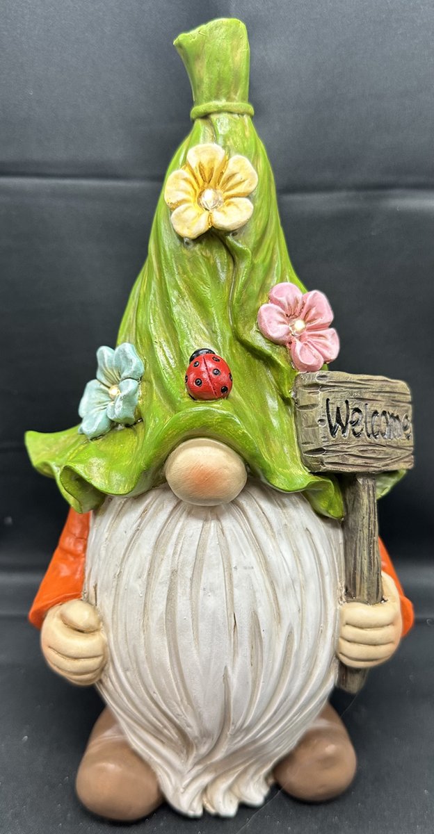 Impuls Polyresin solarlamp Kabouter met groene bloemen muts en welcome meerkleurig + oranje- met LED staand model hoogte 19 x 14 x 12 cm Tuindecoratie Tuinverlichting