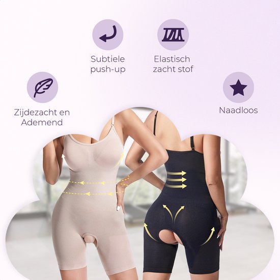 Corrigerende Body met pijpjes dames - Zwart - Maat L - Naadloos - Open kruis - Corrigerende bodysuit dames - Onzichtbare body - Bodysuit zonder beugel - Corrigerend ondergoed buik dames - Shapewear