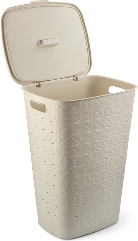 Beige Curver Softex wasmand met deksel, met een ruitenpatroon en handgrepen.