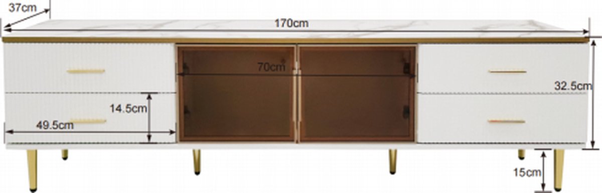 Soweiz Salontafel, tv-kast, modulair woonkamermeubel, deur van gehard glas, frame van aluminiumlegering, gouden handgrepen en poten, tafelblad met marmeren structuur (salontafel tv-kast