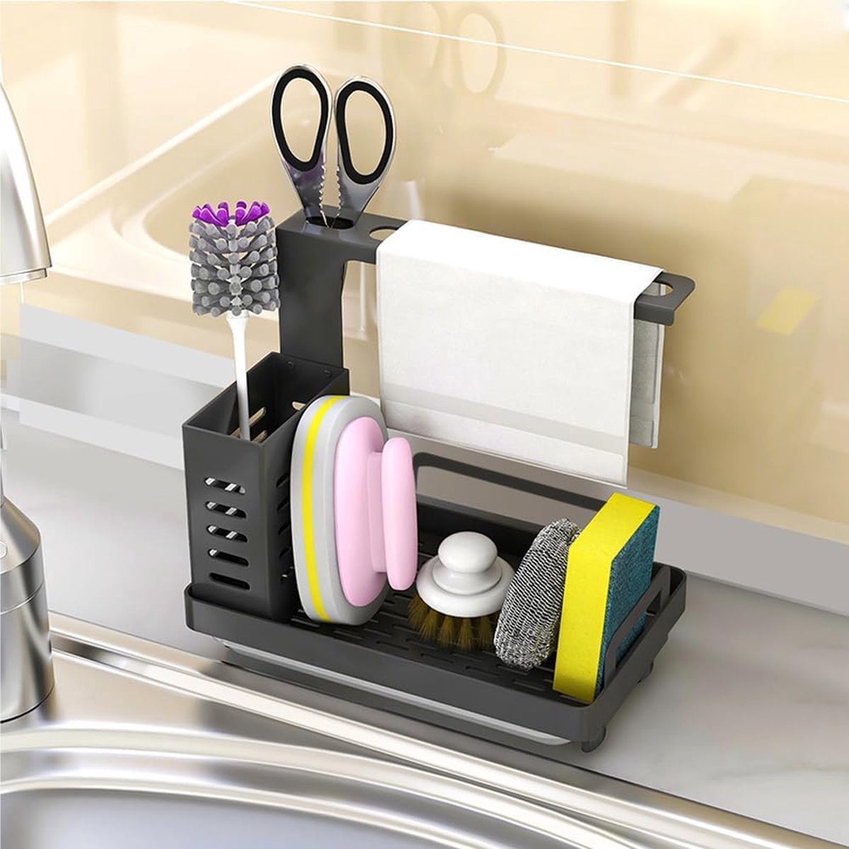 MINGFANITY Keuken Aanrecht Spons Houder, SUS 304 RVS Dish SoapOrganizer, Mand voor Reiniging en Scrub Tool, Keuken Gootsteen Borstel Caddy Houder