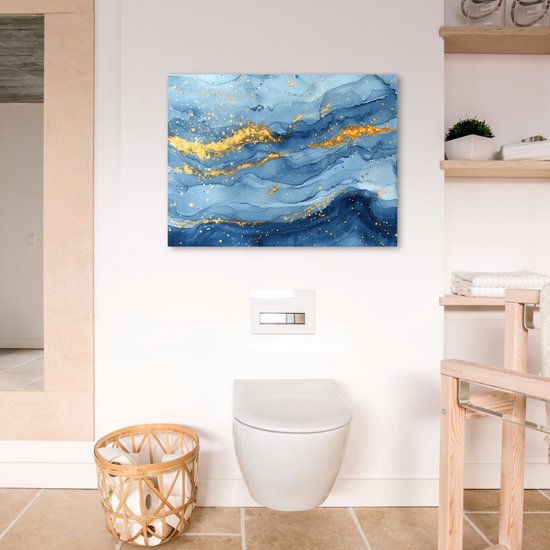 Peinture sur toile 70x50 cm - Décoration murale salle de bain Aquarelle - Blauw - Art - Or - Luxe - Moderne - Décoration murale WC - Accessoires décoratifs - Décoration murale Toilettes - Peintures sur toile