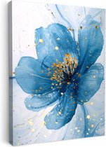 Tableau toile 50x70 cm - Décoration murale salle de bain Fleurs - Blauw - Or - Aquarelle - Moderne - Décoration murale WC - Accessoires décoratifs - Décoration murale Toilettes - Peintures sur toile