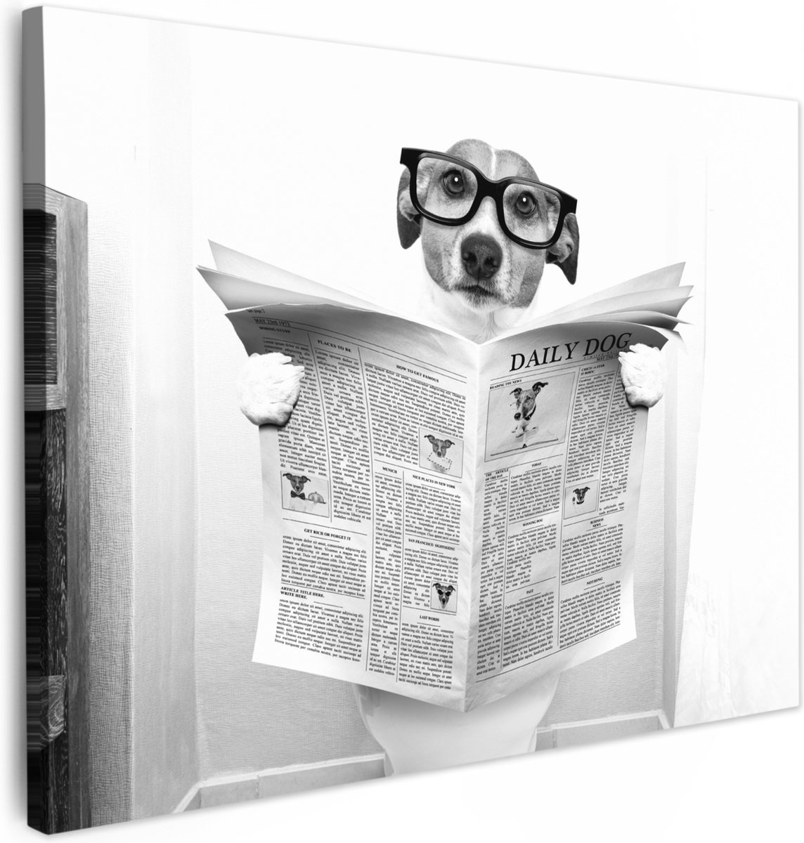 Canvas schilderij 40x30 cm - Wanddecoratie badkamer Hond - Krant - Toilet - Zwart wit - Di