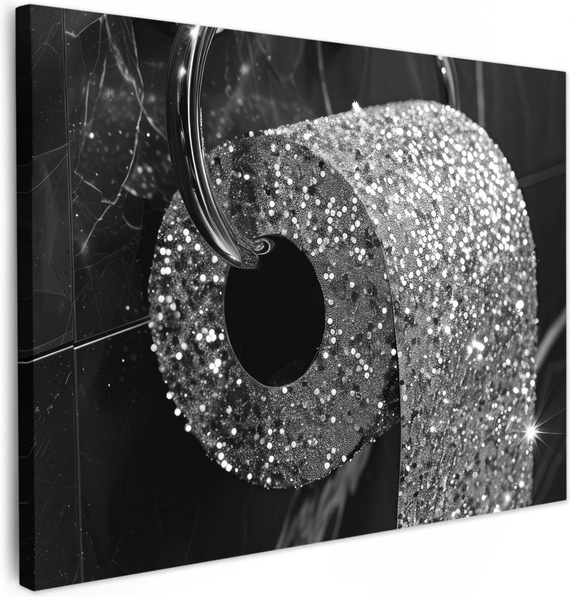Canvas schilderij 70x50 cm - Wanddecoratie badkamer WC - Toilet papier - Zwart wit - Glitt
