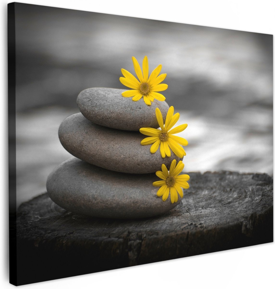 Canvas schilderij 80x60 cm - Wanddecoratie badkamer Zen stenen - Bloemen - Geel - Natuur -
