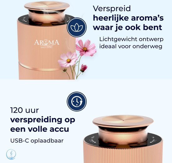 Rose gouden diffuser die geur verspreidt, met bloemen. 'Verspreid heerlijke aroma's waar je ook bent'.