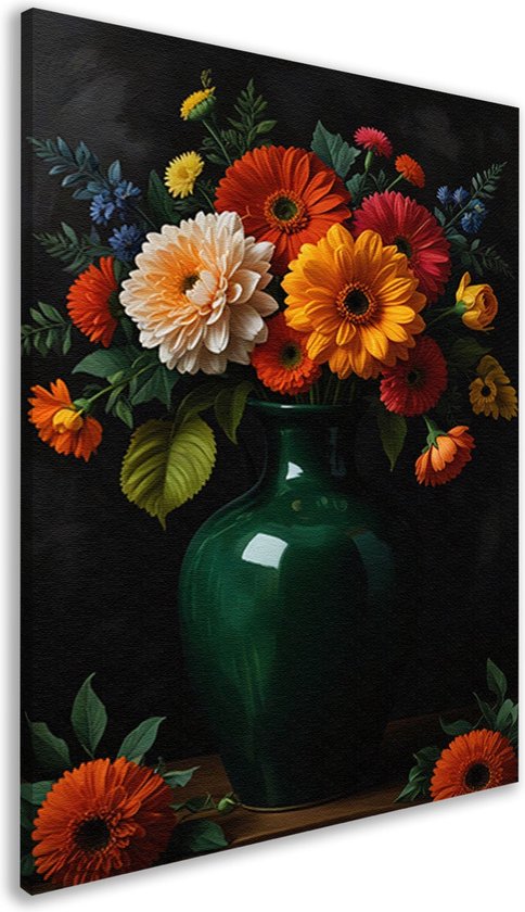 Een boeket vol met felgekleurde bloemen in een groene vaas.