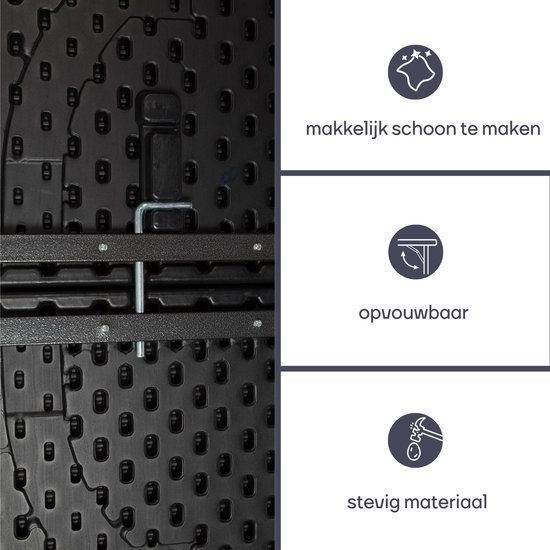 Detailfoto's van zwarte tafel: inklapbaar, stevig materiaal, makkelijk schoon te maken.