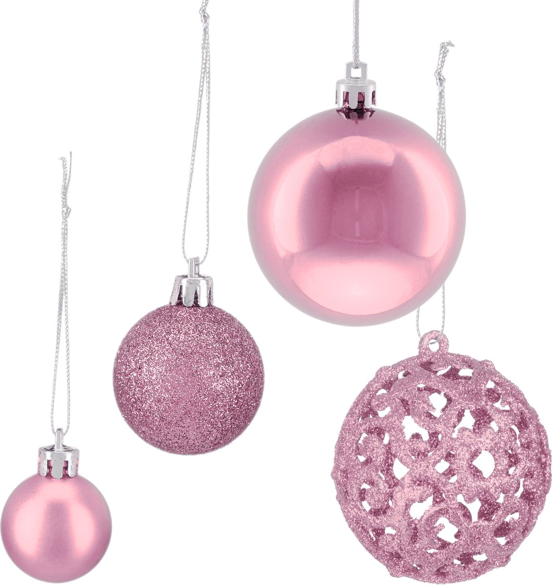kerstballen - set van 150 - mat - glanzend - glitters - plastic - ∅ 3, 4, 6 cm - roze – foto 6