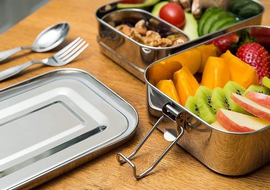 HOSPAOP Roestvrijstalen broodtrommel met vakken, 1400 ml lunchbox metaal vesperdoos lekvrij met 3 vakken, bento box snackbox brooddoos voor kinderen en volwassenen