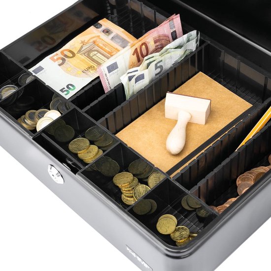 HMF Geldkassette Abschließbare Bargeldkasse, mit Münzeinsatz und 6 Trennwänden, individuelle Facheinteilung 36 x 25 x 11 cm, schwarz