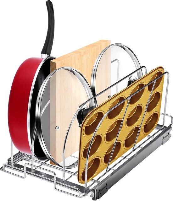 Foto: Pan pot rack uitbreidbaar trek onder kast organizer cookie sheet bakpannen lade organisatie verstelbare wire dividers stalen deksel houder voor keukenkast pantry opslag 117 inch orgalif keuken