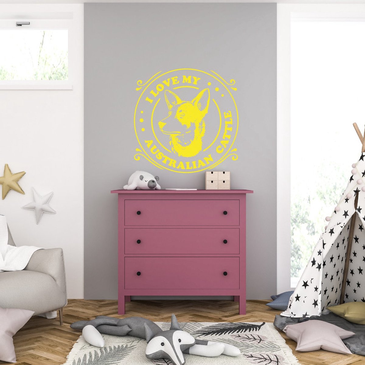 MC Living Muursticker - I Love My Austrian Cattle - 46,4 x 46,4 - Geel