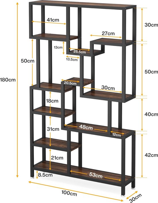 TRIBESIGNS - Boekenkast - Boekenrek met 7 Planken - Industrieel - Spaanplaat - Bruin/Zwart - 100 x 30 x 180 cm