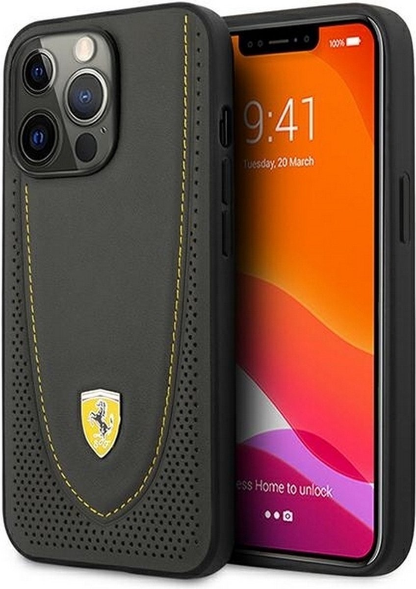 Ferrari Leather Curved Line Back Case - Geschikt voor Apple iPhone 13 Pro (6.1") - Grijs