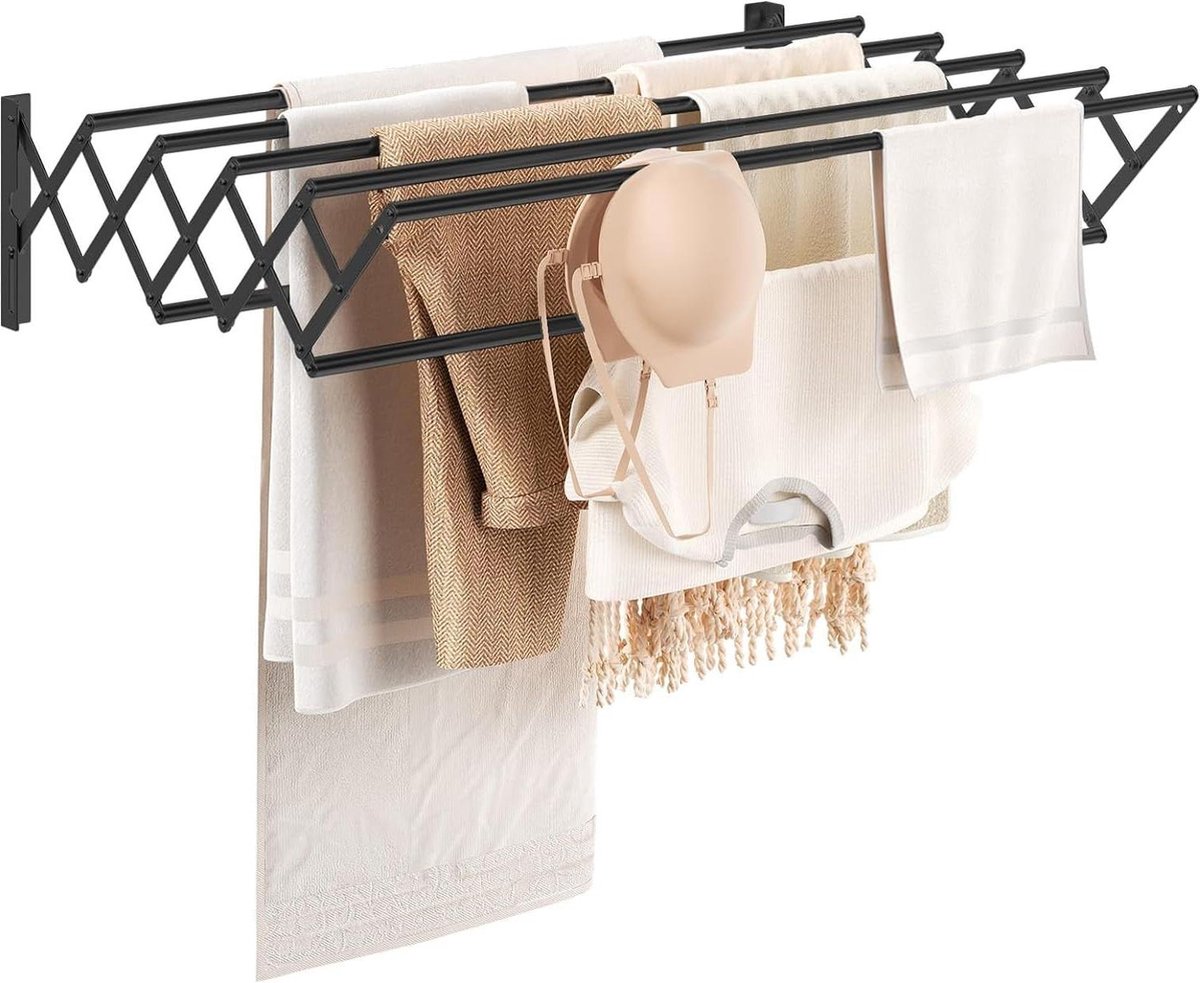 Goedkoopste Opvouwbare kledingluchter - wandmontage kledingrek - intrekbare handdoekhouder - badkamer handdoekenrek - droogrek voor binnen - opvouwbaar sterk metaal - zwart L folding wall laundry rack