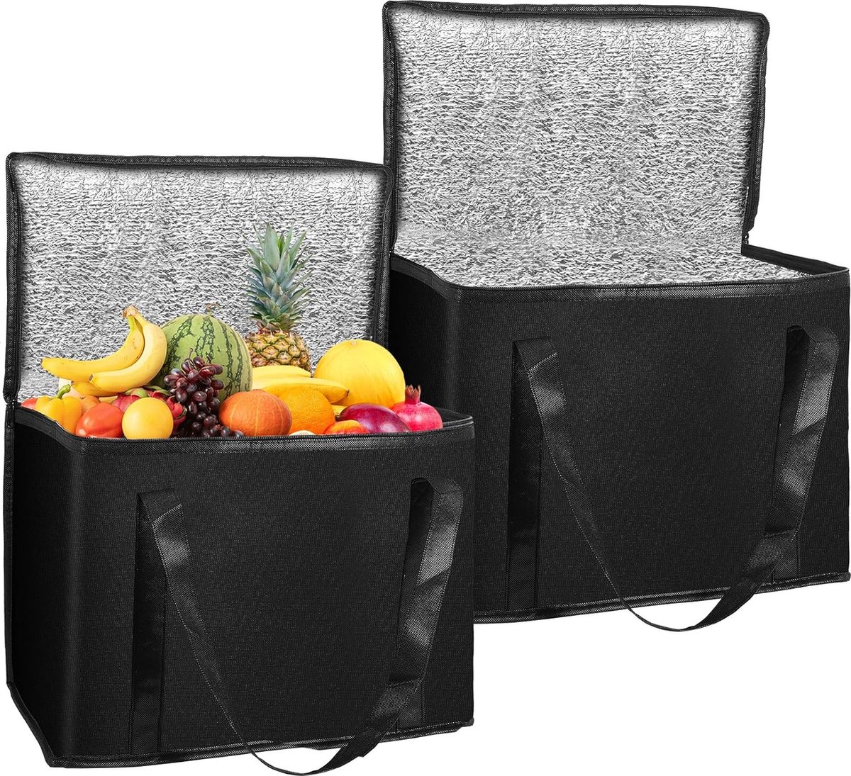 Set van 2 opvouwbare koeltassen, grote koeltassen met ritssluiting, koeltassen, geïsoleerde tassen, boodschappentassen, opvouwbare, herbruikbare picknickkoeltassen voor buitenreizen, transport