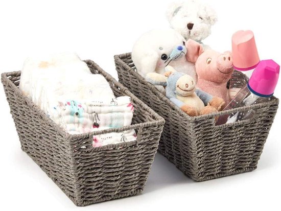 Set de 3 bacs à papier - gris - paniers de rangement en osier tissé avec poignées - EZOWare - panier de papier toilette conteneur organisateur multifonctionnel