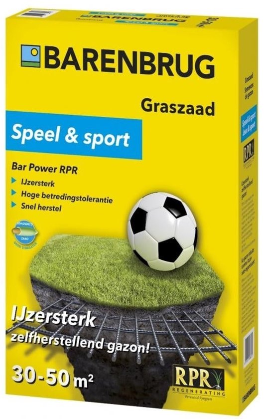 Graszaad Barenbrug Speel & Sport. Met een voetbal op een stuk gras, onder de grond is een net te zien. De verpakking is geel met blauwe letters.