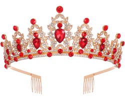 Luxe Gouden Kroon met Rode 3A Waterdiamanten – Perfect voor Verjaardagen, Huwelijksfeesten en Gala's