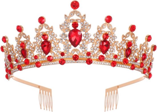 Luxe Gouden Kroon met Rode 3A Waterdiamanten – Perfect voor Verjaardagen, Huwelijksfeesten en Gala's
