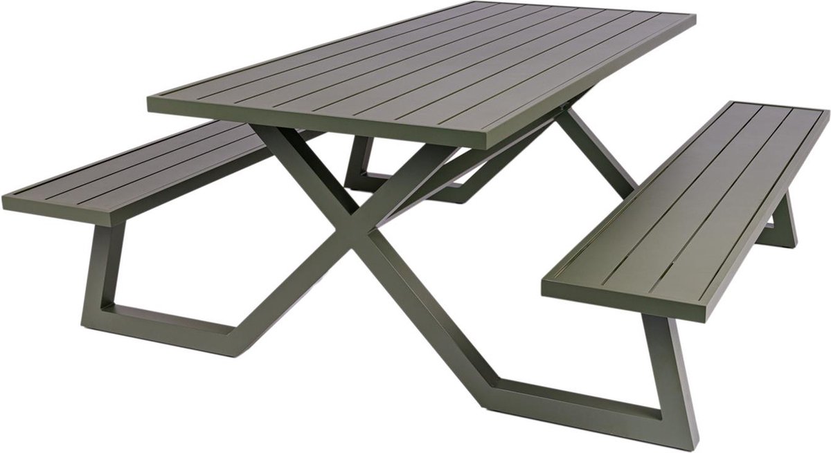 Maximavida Luxe Aluminium Picknicktafel Dex 200 Cm Olijfgroen Met Exclusieve Omlijsting